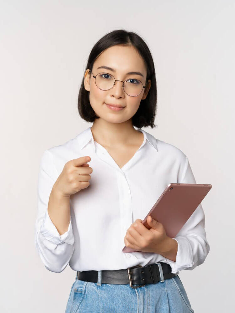 korean-woman-office-worker-manager-glasses-holding-working-tablet-pointing-you-choosing-recruiting-standing-white-background